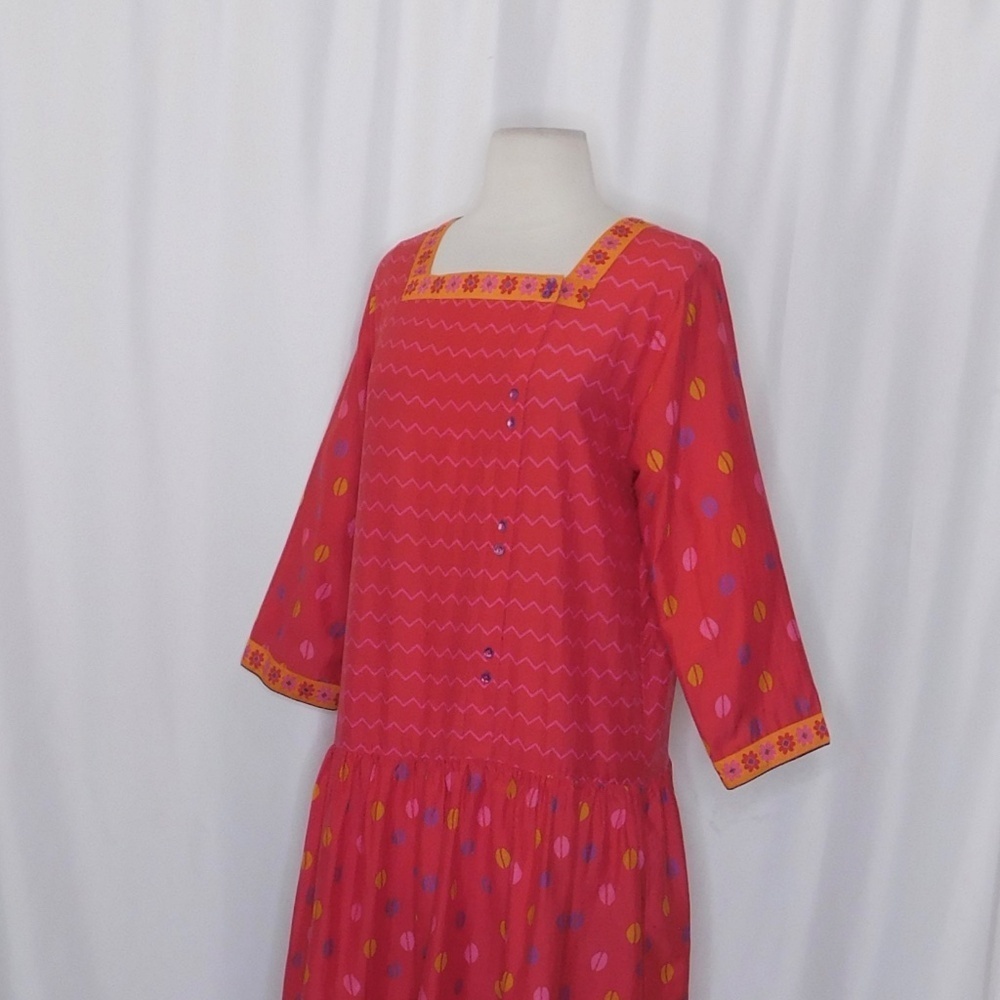 GUDRUN SJODEN Colorful Cotton Silk Dropwaist Dress Coffee Bean Print Floral‎ XS - Picture 6 of 11